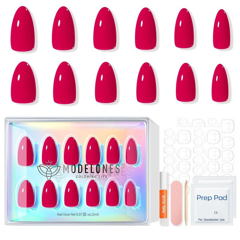 Press On Nails Almond - Raspberry Summer Bright Short Fake Nails | 32 Pcs, Reusable Kit with Glue & Mini File