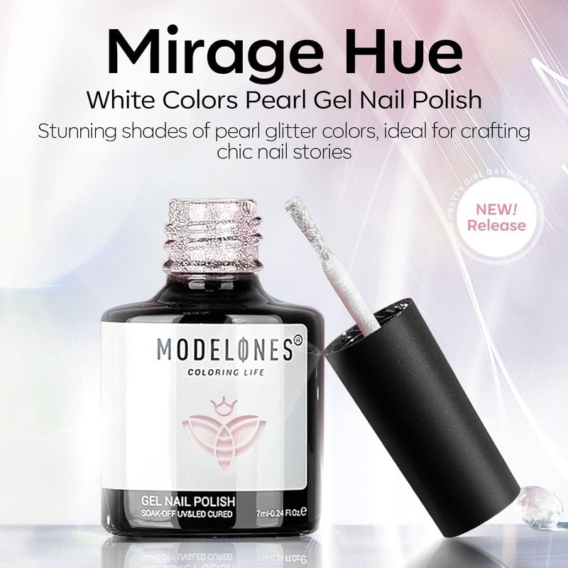 modelones Chrome Gel Nail Polish, Sheer Pearl Opal White Glitter Gel with Pink Iridescent Shimmer, Soak Off UV/LED Gel Polish for Nail Art, 28+ days Long-Lasting, High-Gloss Shine, 15ml ﻿