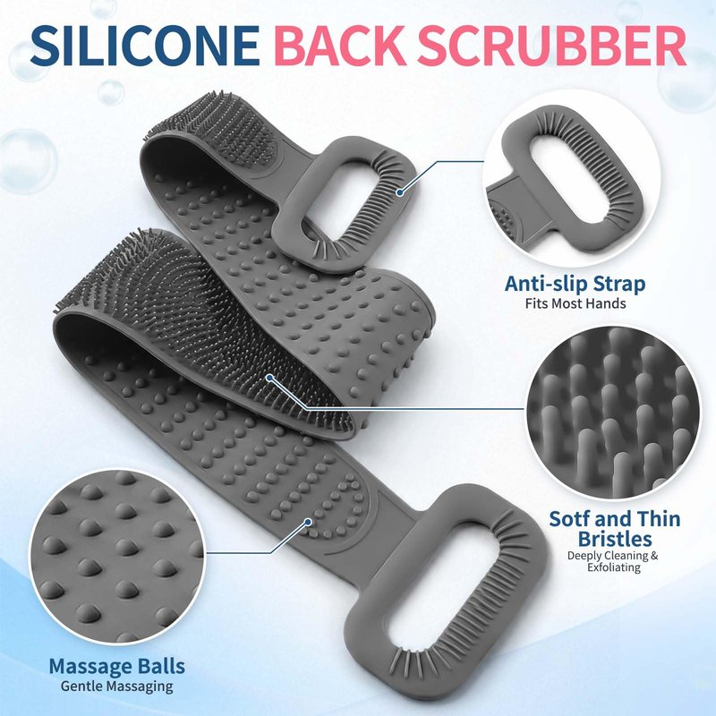 Manmihealth Silicone Back Scrubber for Shower & African Net Sponge Net Set, 36'' Dual-Sided Back Washer & African Long Bath Sponge, Extendable Long Silicone Body Brush(Gray+Black)