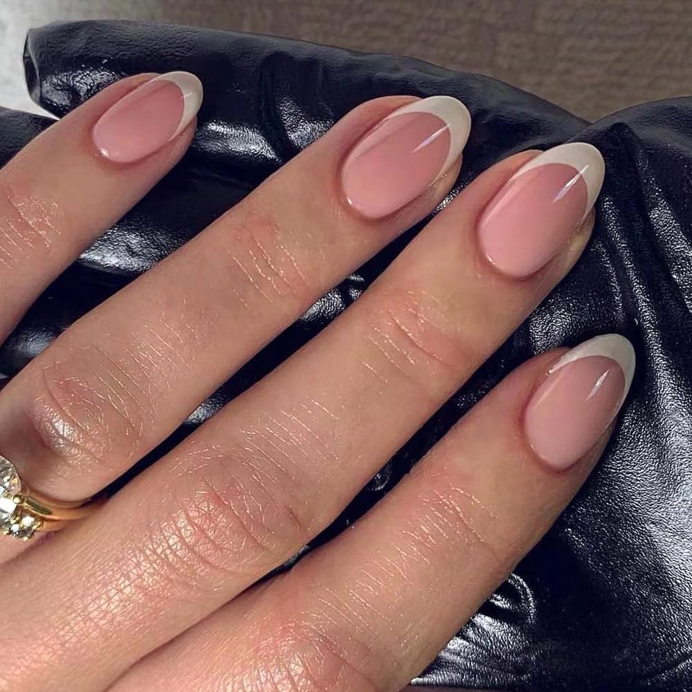 White French Tip Press on Nails Short Almond Fake Nails with Designs Ombre False Nails Gel Artificial Acrylic Nail Nude Fingernails Glossy Natural Reusable Stick on Nails for Women 24Pcs