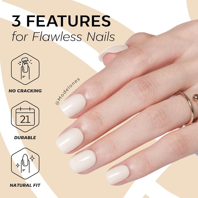 Modelones Press-On Nails - Milky White Squoval Design | 32 Pcs, 16 Sizes, Reusable Nail Kit with Glue & File