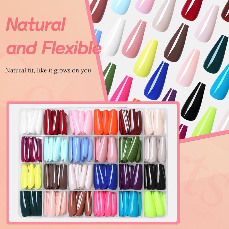 Skiennix 576pc Coffin Press-On Nails | Long Acrylic Fake Nails in 24 Colors with Glue & Tabs