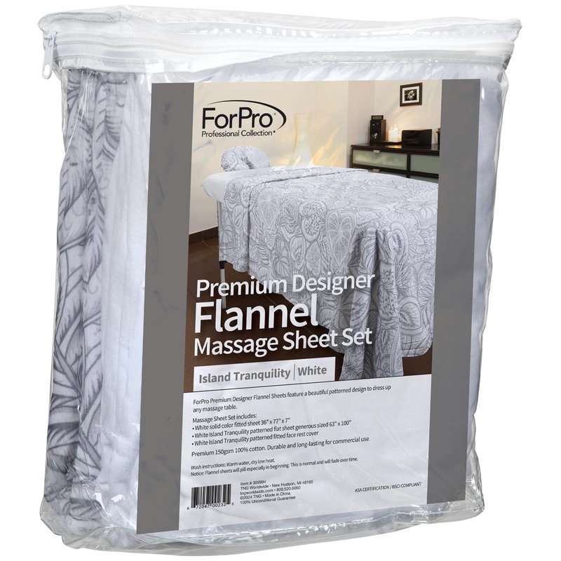 ForPro Premium Designer Flannel 3-Piece Massage Sheet Set, Island Tranquility, for Massage Tables, Includes Massage Flat Sheet, Fitted Sheet and Fitted Face Rest Cover, White