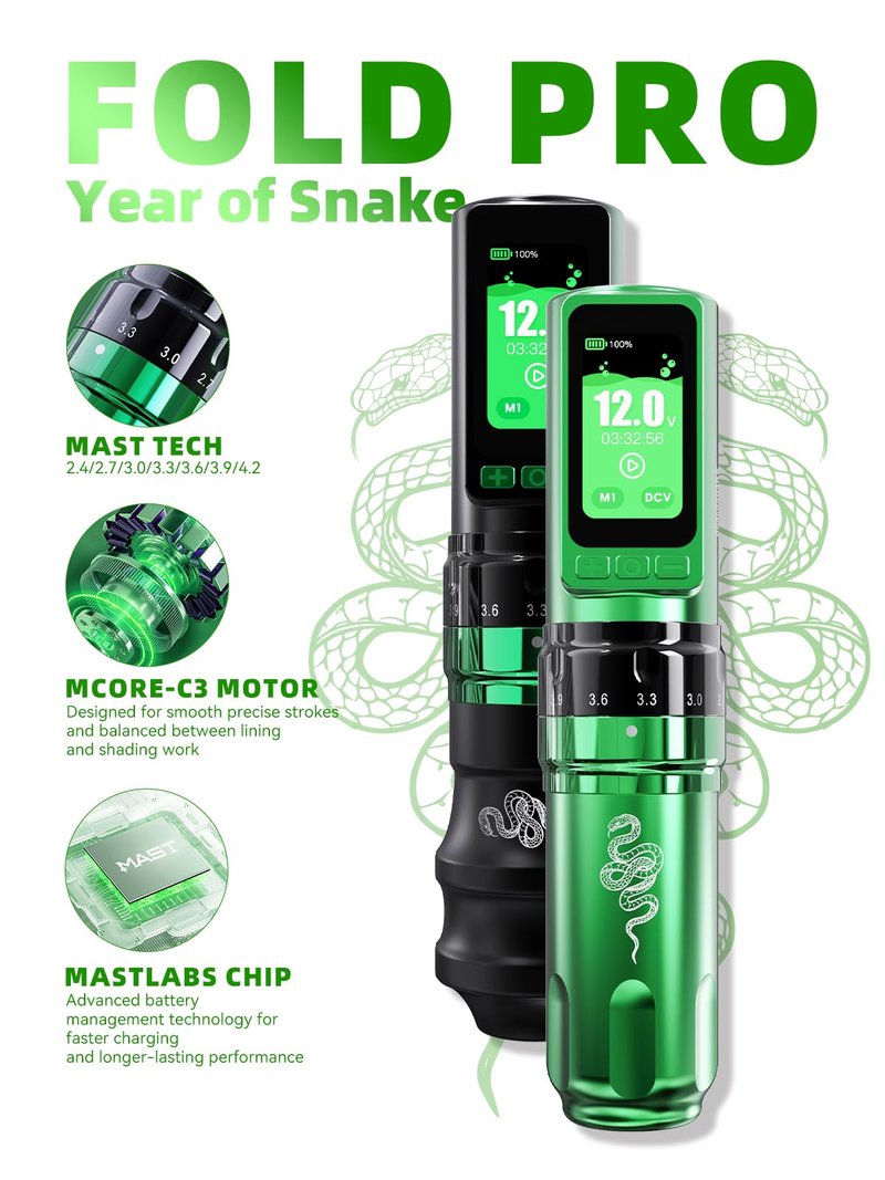 Mast Tattoo Fold Pro Wireless Tattoo Pen Machine - Professional Rotary Tattoo Gun for Lining Shading, Mcore-C3 Motor, 2Pcs 3000mAh Battery, 2.4-4.2mm Stroke, Complete Tattoo Kit