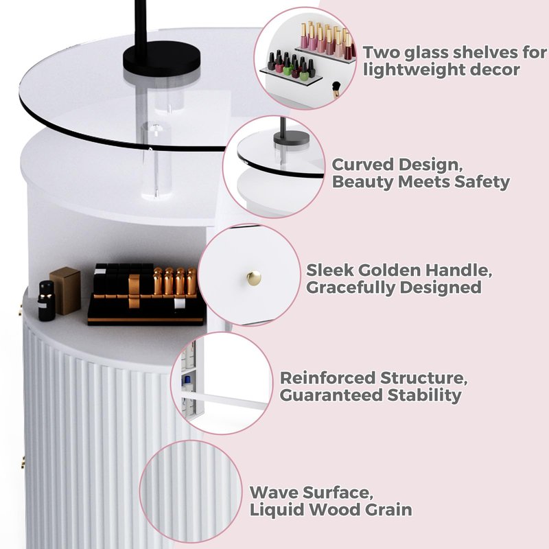 HolaiNail Manicure Table Nail Station with Tempered Glass Top, Professional Nail Tech Desk with Storage Cabinet & Drawer, Acetone Resistant, for Nail Beauty Salon Workstation(White)