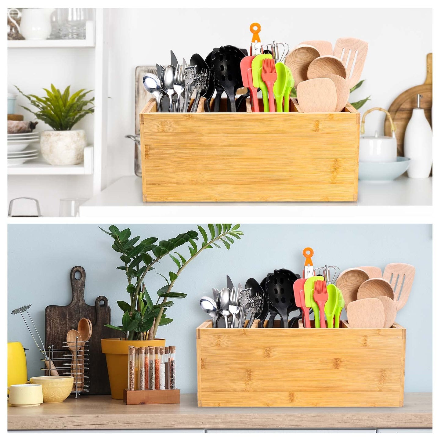 Yumkfoi Extra Large Bamboo Utensil Holder, 4 Section Kitchen Utensil Organizer for Countertop, Cooking Utensil Caddy Farmhouse Utensil Holder