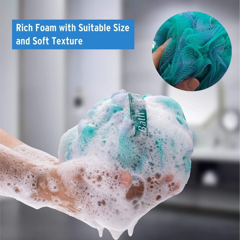 AmazerBath Shower Loofah Balls - Soft 75g Each | 2 Pack Thin PEVA Shower Curtain Liners 72 x 72 Inches