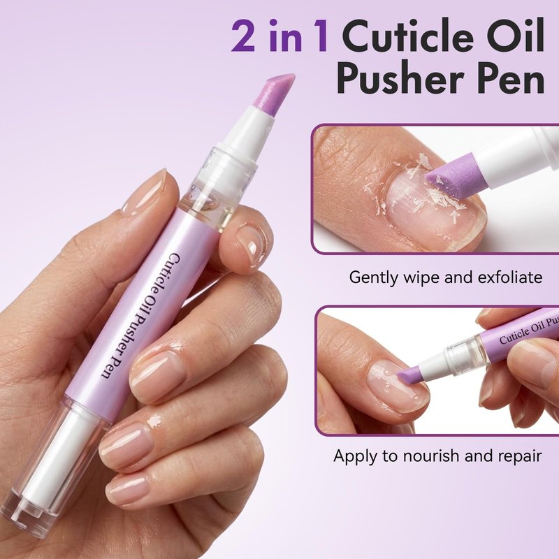 Glopink 2 in 1 Cuticle Oil Pusher Pen, Ceramic Cuticle Pen with 2ml Lavender Oil, Gentle Cuticle Remover Pen for Hangnails, Dry & Damaged Nails, Exfoliates, Strengthens, Polishes, Smoothes, 2 PCS