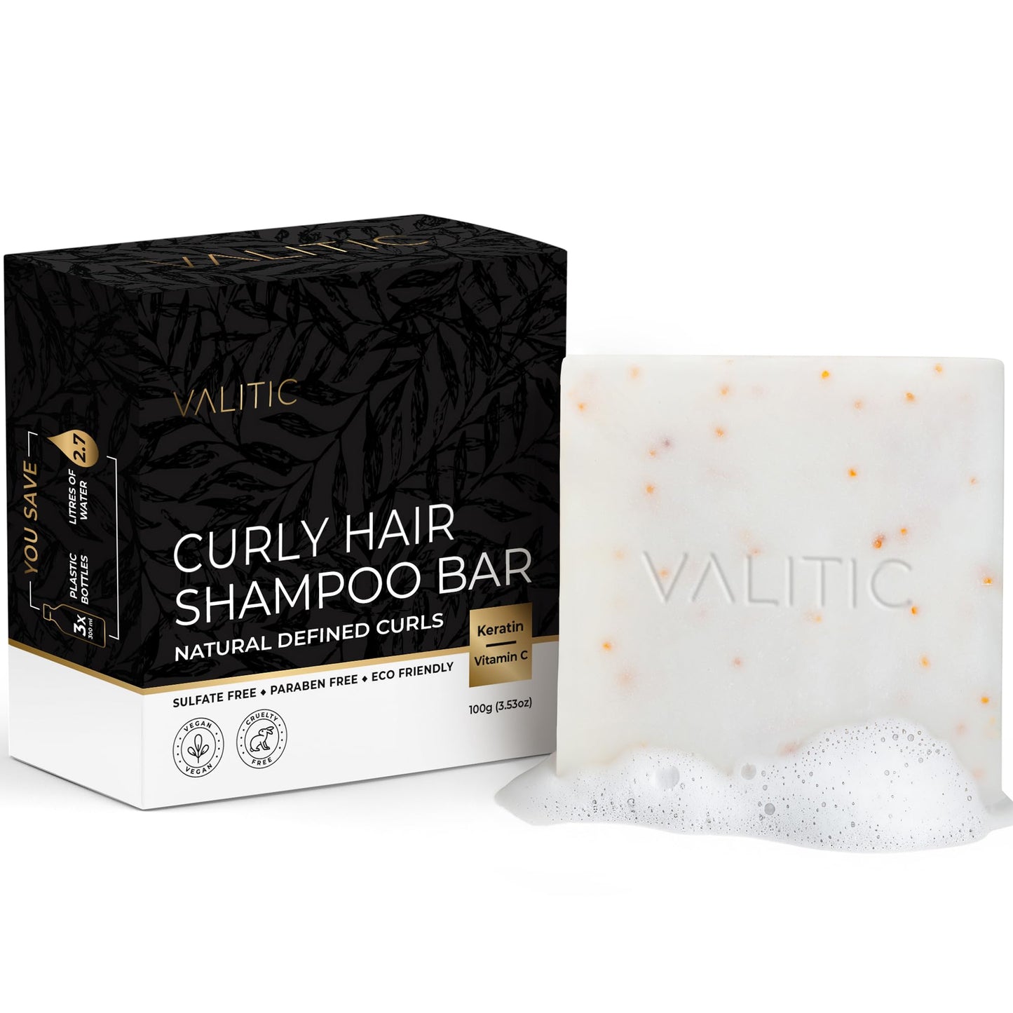 VALITIC Curly Hair Shampoo Bar - Sustainable Solid Shampoo for Hair Strengthening, Made with Rice Water, Vitamin C, Argan and Keratin - Define Natural Waves - Paraben Free, Sulfate Free, Vegan