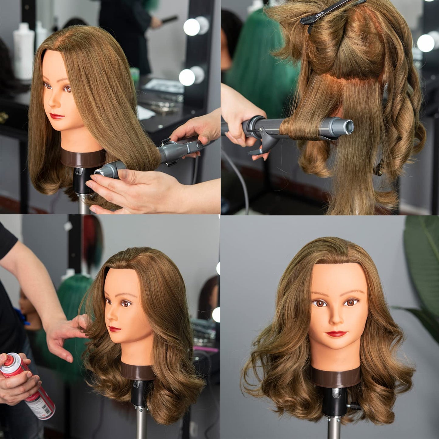 Traininghead 20-22" Female 100% Human Hair Mannequin Head Hair Styling Training Head Cosmetology Manikin Head Doll Head for Hairdresser with Free Clamp (Brown)