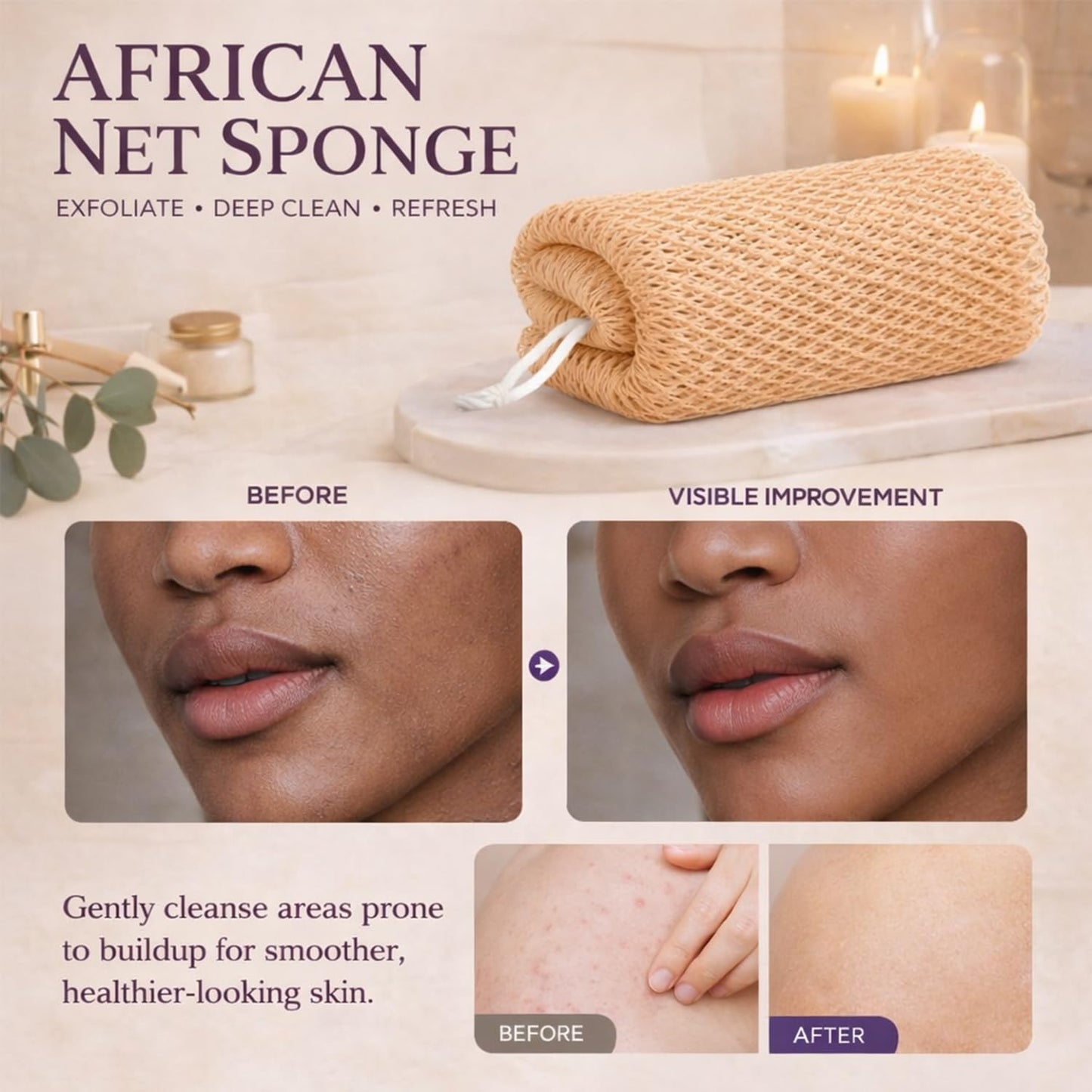 African Net Sponge Authentic, 3 Pcs Exfoliating Net Sponge for Bath, 45 Inch Long Stretch Back Scrubber for Women and Men, Exfoliating Shower Scrubber (Olive Green+Yellow+Light Purple, 3 Packs)