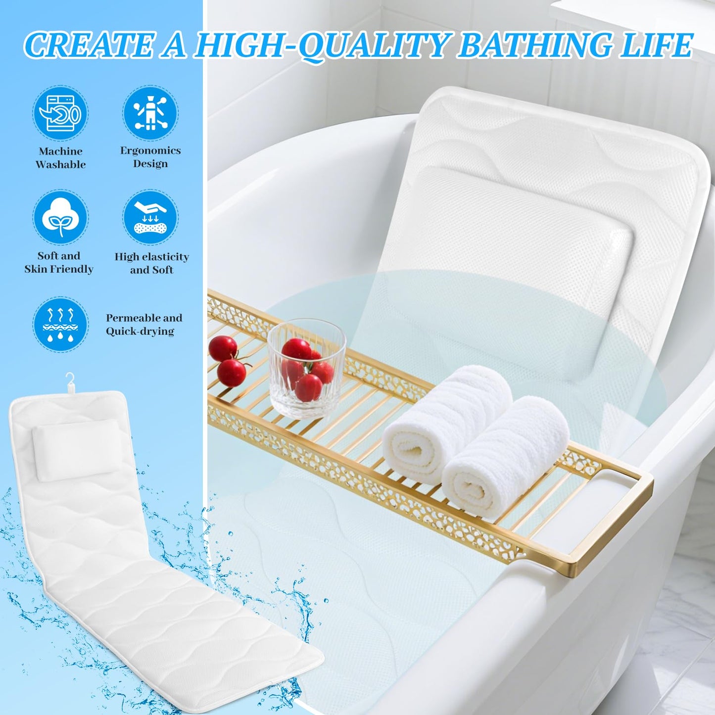 TranquilRelax Bath Pillow for Tub with Laundry Bag & 17 Non-Slip Suction Cups, Extra Thick and Soft Bathtub Pillow for Head, Neck & Shoulder Support, 56" x 16" White
