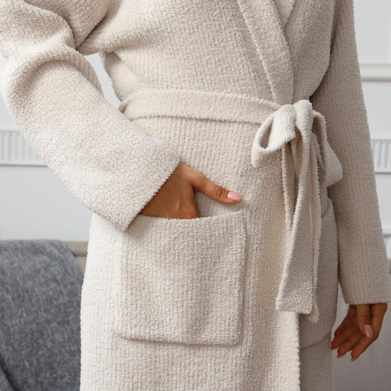 MH MYLUNE HOME Ultra Soft Robe With Pockets, Spa Bathrobe Loungewear Calf-Length, Plush Fuzzy Fluffy Wrap Robe for Women, Women's Robes, Hooded Ribbed Taupe