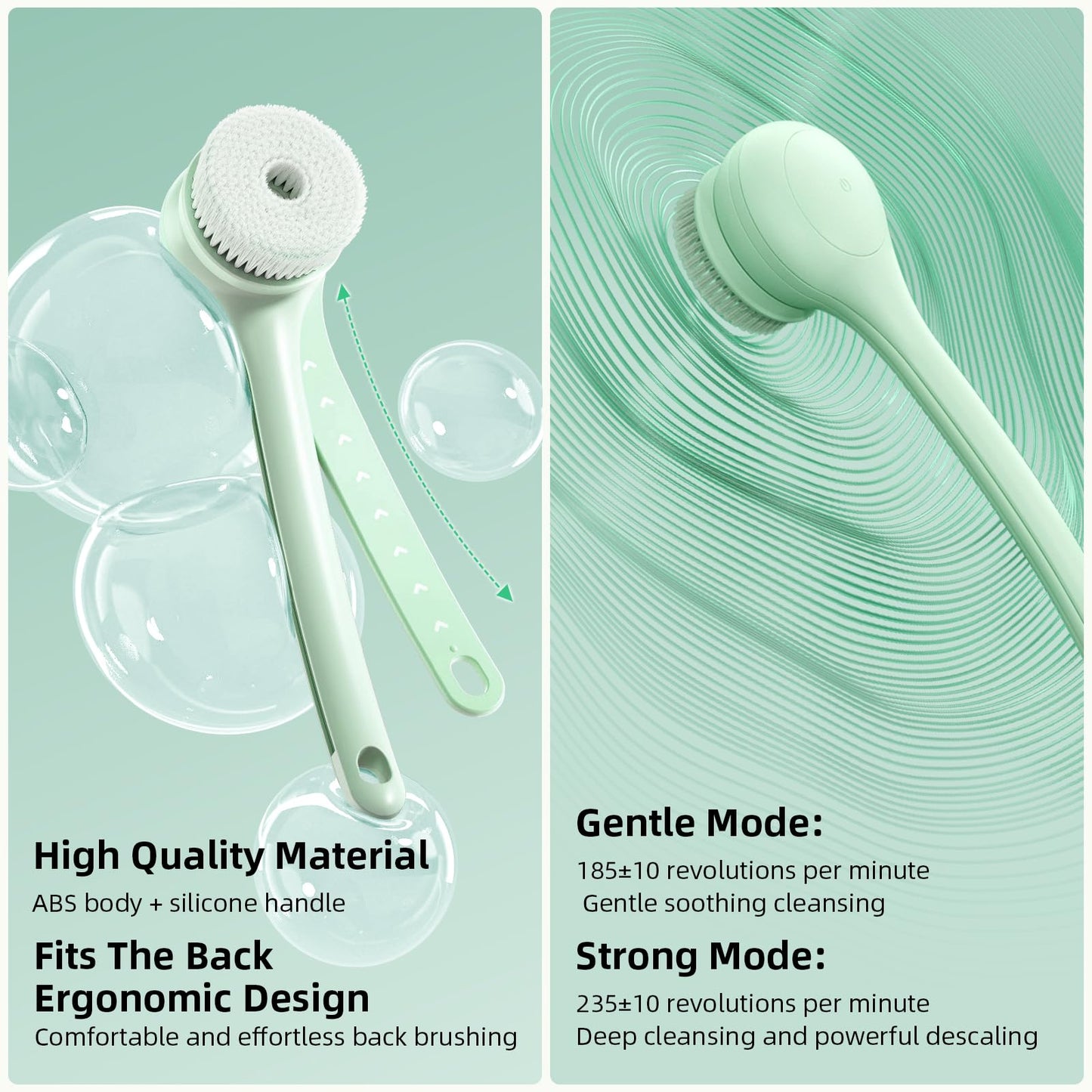 Oh,XIYU. Electric Body Brush Back Scrubber for Shower, Waterproof Long Dual Handle Body Scrubber with 3 Heads, Bath Brush & 2 Speeds, for Cleansing, Exfoliating and Massaging Skin, Pale Cypress Green