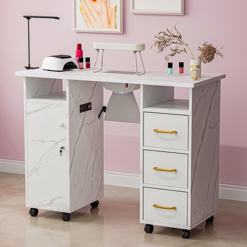 Manicure Table Nail Station - Marbling Texture with Charging Station, Dust Collector, LED Lamp | White