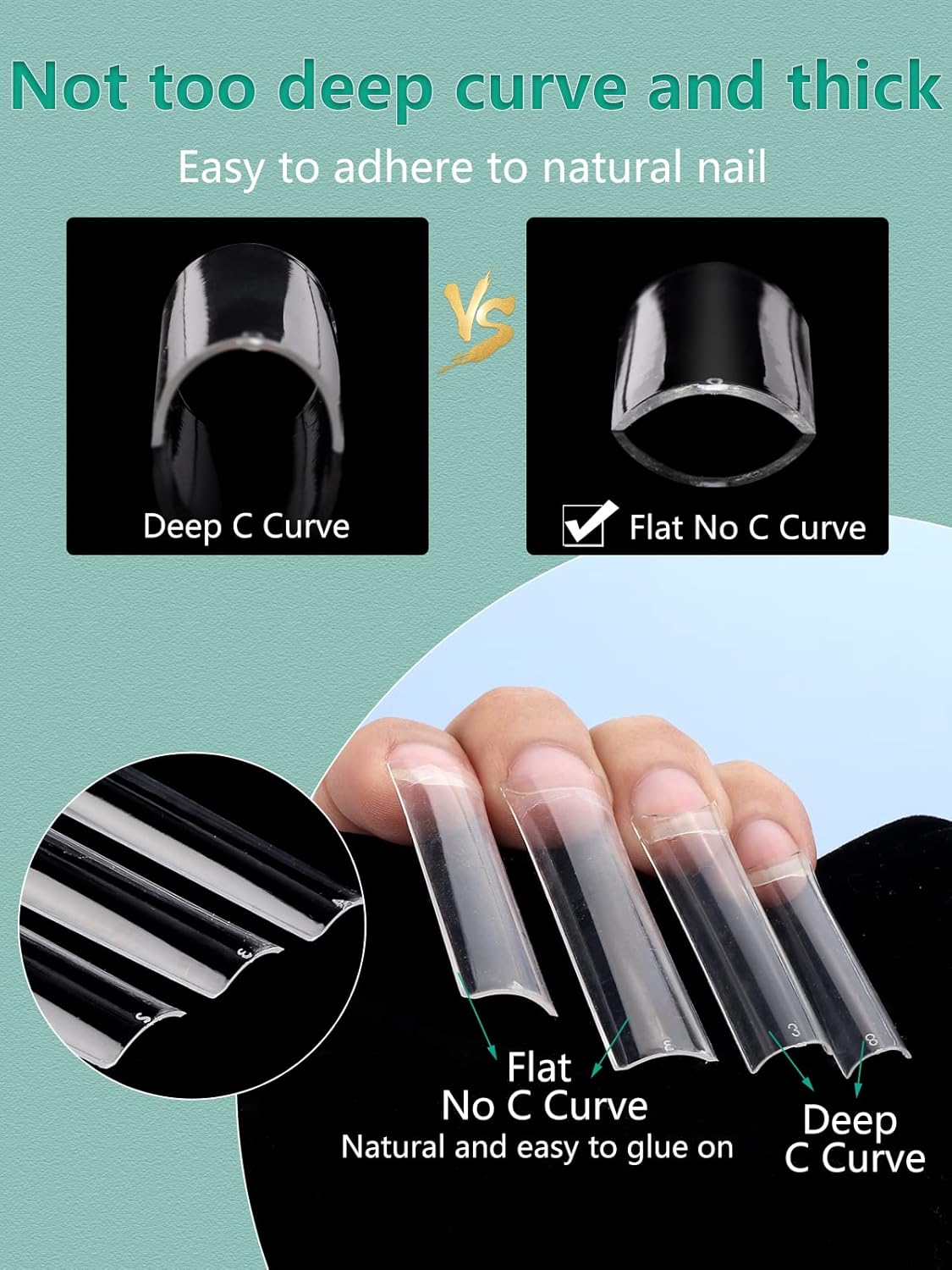 Skiennix No C Curve Nail Tips - 200PCS Extra Long Half Cover Straight Tapered Square | Sizes 3-6