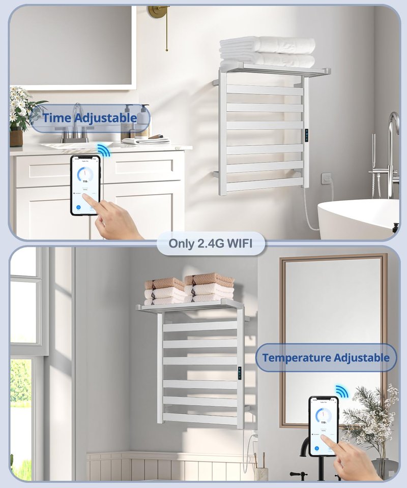 Aquatrend WiFi Heated Towel Rack Wall Mounted, Electric Towel Warmer with Foldable Bracket, Stainless Steel, LED Built-in Timer, Plug-in, Temperature & Timing Control, 6 Bars, Brushed Nickel