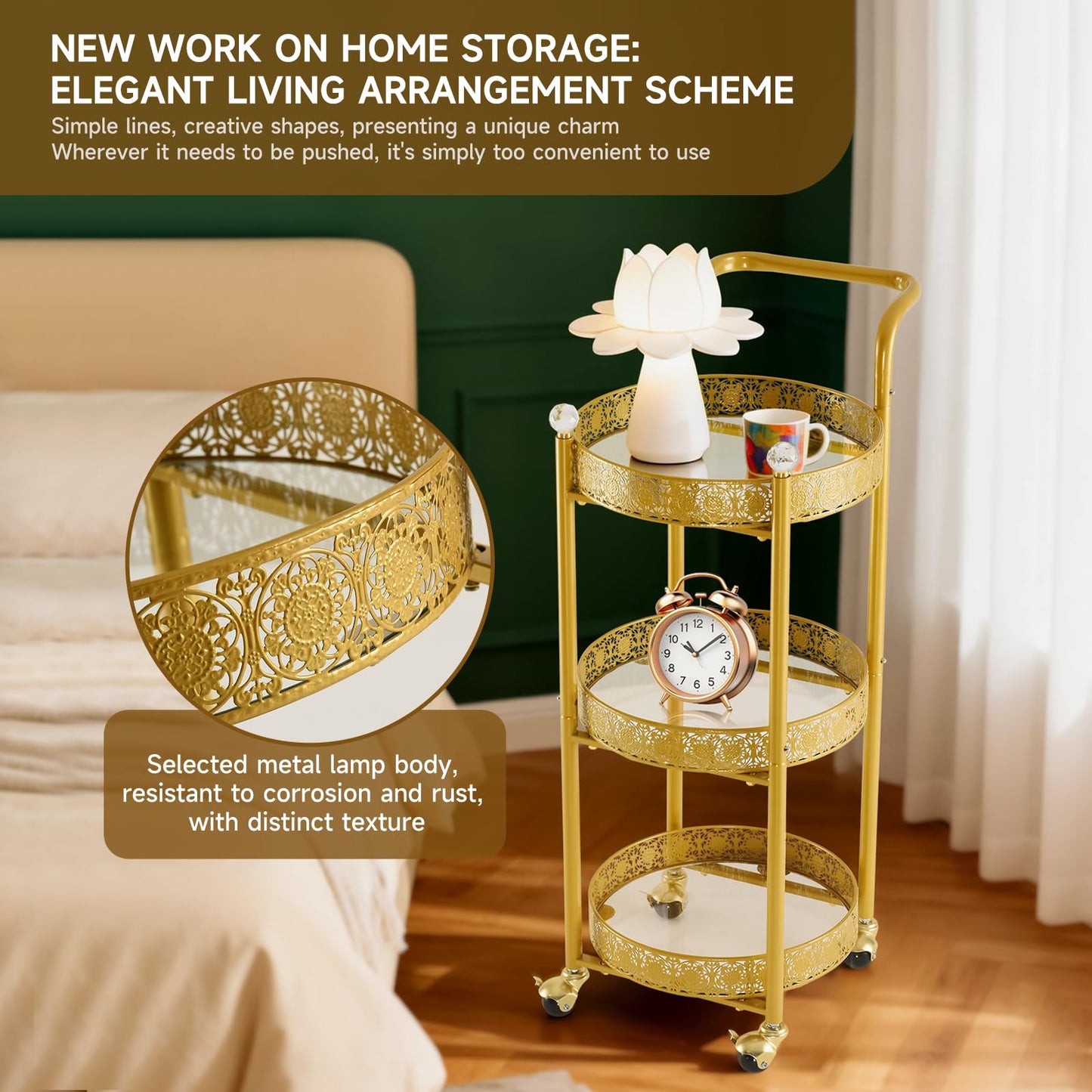 taotanra Multi-Functional Mobile Trolley Golden bar cart is Suitable for Home bar Service, Featuring a Rolling bar cart with Lockable casters, a Glass bar cart with 3 Mirror Holders