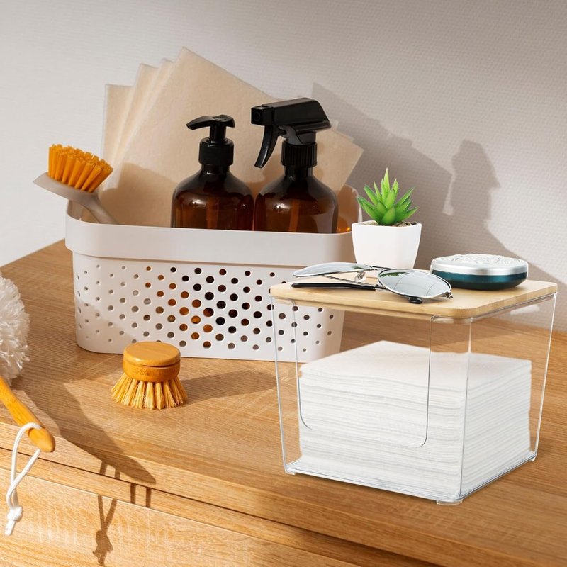 Rainmae Acrylic Face Towel Holder - XL Tissue Storage Box with Bamboo Lid for Bathroom Vanity