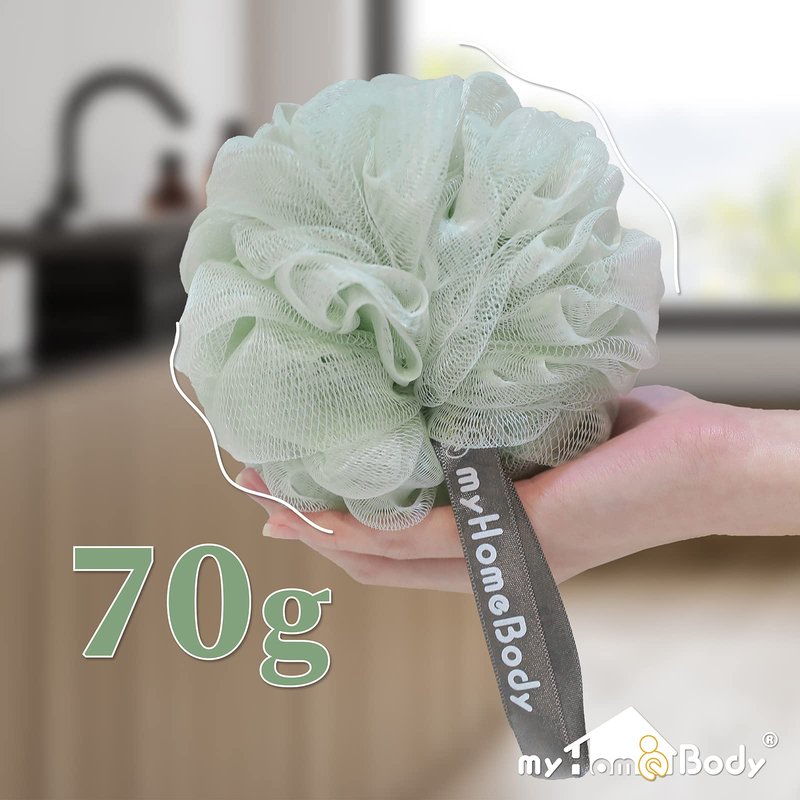 myHomeBody Large 70g Loofah Sponge, Body Scrubber, Bath Sponge, Loofah for Women, Men, Exfoliating Sponge Shower Pouf with Activated Charcoal - 2 Sea Foam Green + 1 Navy Blue, 3 Pack