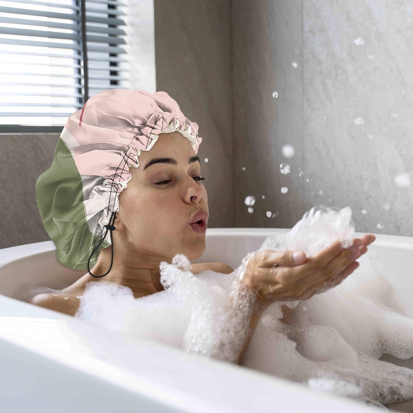 Cabreche Luxury Shower Cap Satin Silk Lined Adjustable Elastic Reusable Waterproof Shower Bath Cap Cute for Women Girls-Color Block