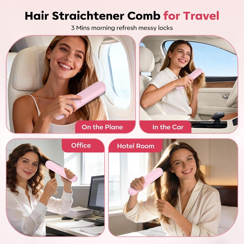 Go Brush Pro for Short Hair Hair Straightener Brush Cordless & Portable with 300M Negative Ions, 4 Temps Fast Heating, Game Day Ready Styling Tool for Watch Parties, Travel & Daily Use Nude Pink