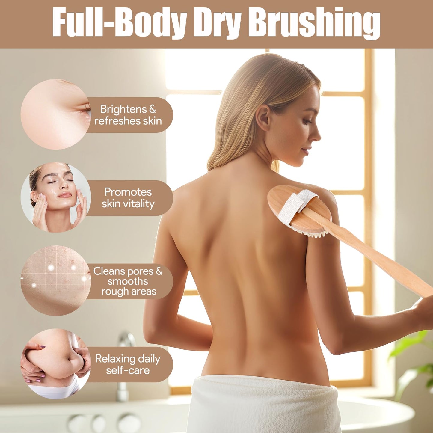 4PCS Dry Brushing Body Brush Set, Bamboo Dry Brush for Body Face Foot, Boar Bristle Long Handle Face Cleansing Shower Scrubber Brushes