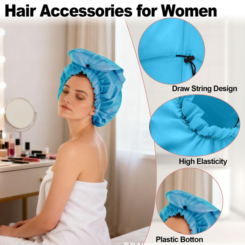 ELEBOX 4 Pack Extra Large Shower Cap for Braids/Curly Hair/Dreadlock | XL Bathing Cap with Adjustable Drawstring & Button | Reusable Waterproof Long Bonnets for Women Shower/Cooking/Cleaning/Spa