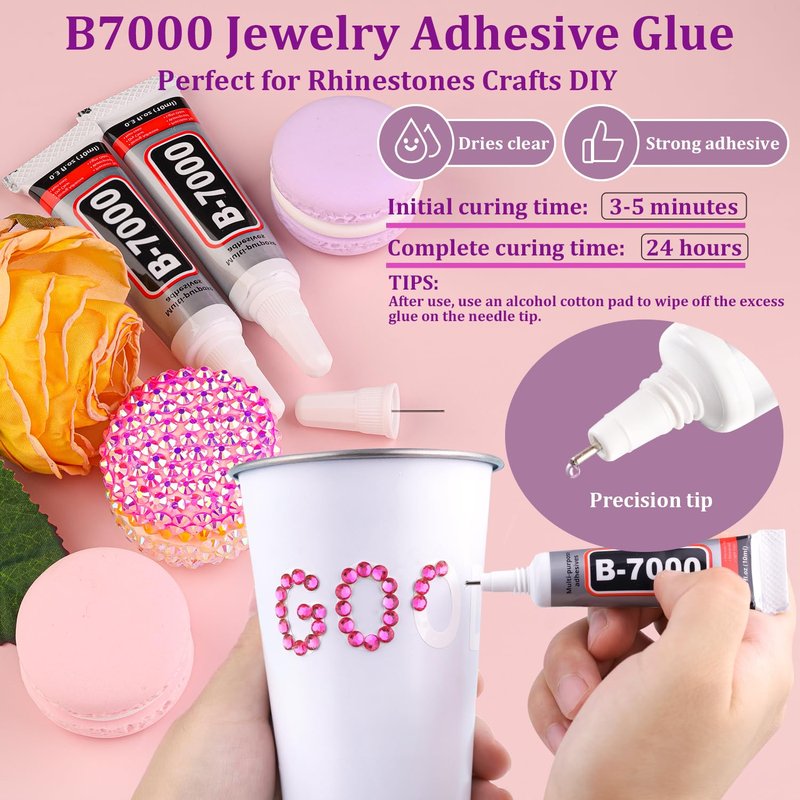 Resin Rhinestones for Crafting with 3Pcs 10ml B7000 Jewelry Glue, 2 Boxes Hot Pink Flatback Gems Crystals Diamond for Bedazzling Crafts DIY Nail Art Makeup,Gems for Clothing Tumblers Shoes