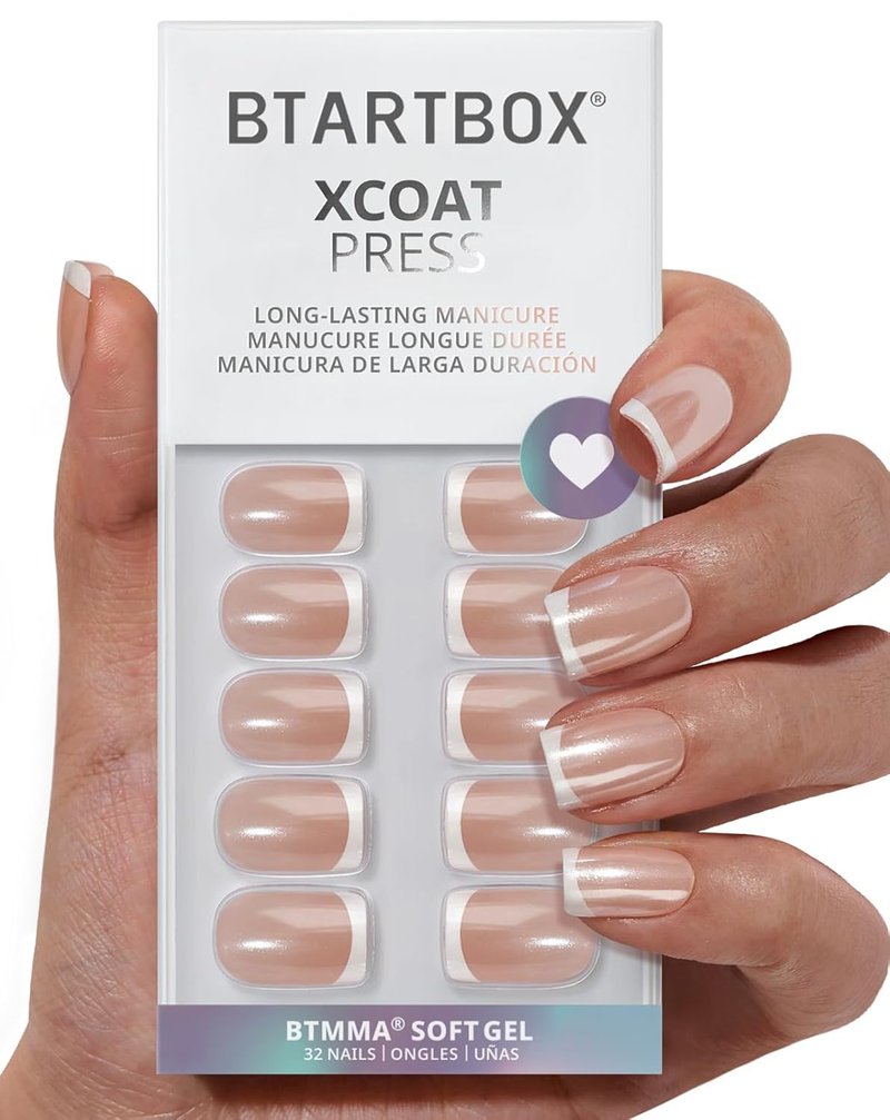BTArtbox Press On Nails - Chrome French Tip Square Design | 32 Semi-Transparent Soft Gel Nails in 16 Sizes
