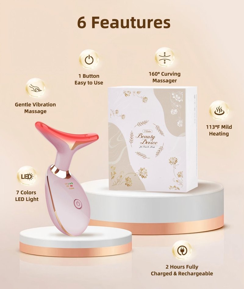ELISHINE Red Light Therapy for Face and Neck, 7 Color Light Based Face Massager Tool, Portable Skin Care Tool for Firming, Tightening and Lifting (Glossy Pink)
