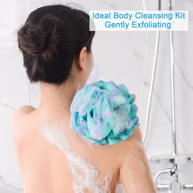 Loofah Sponge Set of 4 - Exfoliating Bath Scrubber | Large Flower Colors (Green-Purple)
