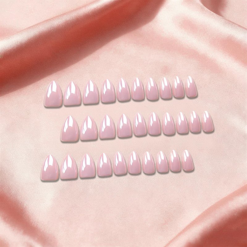 JOYVVEW Chrome Dusty Pink Press on Nails Short Almond, Glazed Gel Fake Nails with Glue for Women Wedding & Everyday, Reusable Handmade Thick Glue On Nails with High Gloss in 15 Sizes, 30 Pcs