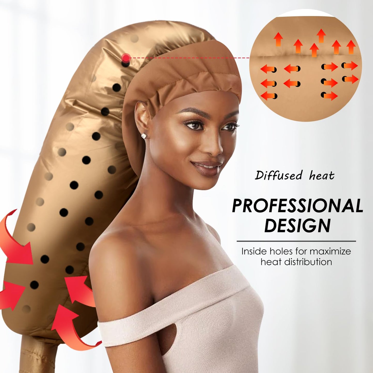 TEPENAR Hair Dryer Bonnet Attachment: Upgraded Extra Large Hooded Dryer Adjustable Hair Dryer Caps - Easy to Use for Natural Curly Textured Hair Care Styling Fast Drying - Gold