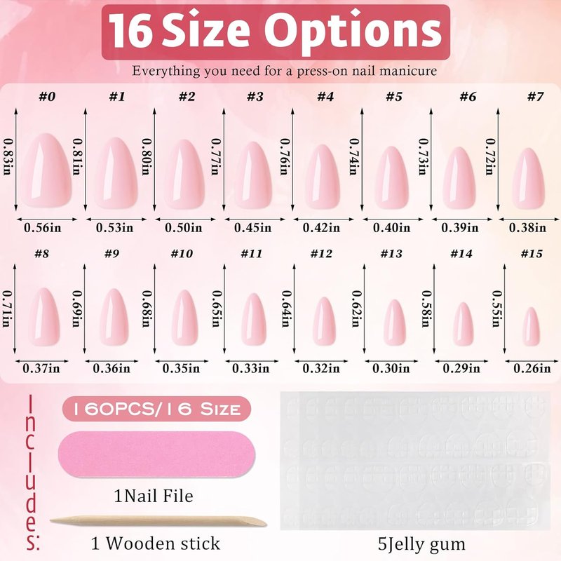 Press On Nails Short Almond - Baby Pink 160 Pcs Set with 5 Jelly Tabs | 16 Sizes for Women