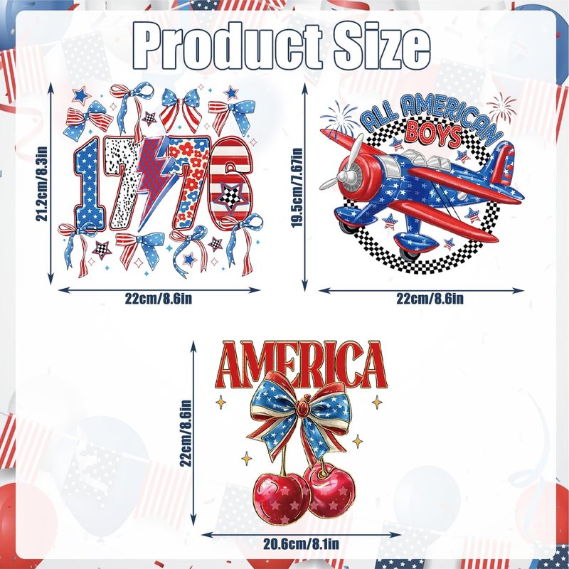 4th of July Iron on Transfers - 3 Sheets 250th Anniversary 1776-2026 Patriotic Iron on Patches USA Airplane Bow Cherry Design No Sew DIY Iron On Stickers for T Shirts Bags Hats, Independence Day Decor