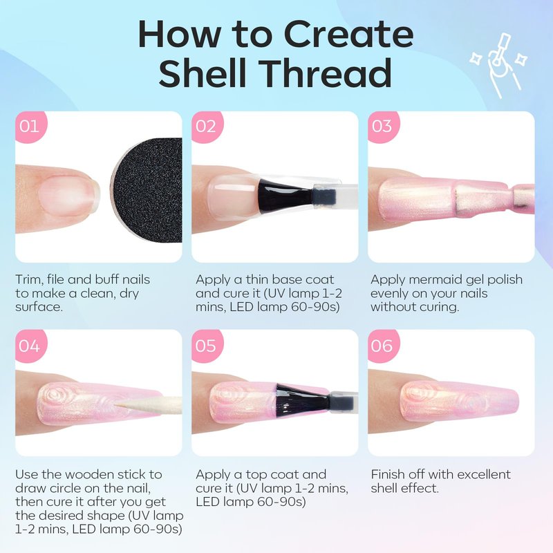 modelones Gel Nail Polish Set 6 Colors Pink Blue Pearl Gel Nail Polish White Pink Blue Shimmer Mermaid Glitter Polish All Seasons Soak Off Nail Drawing Swirl Shell Thread Effect DIY Gift Women Girl