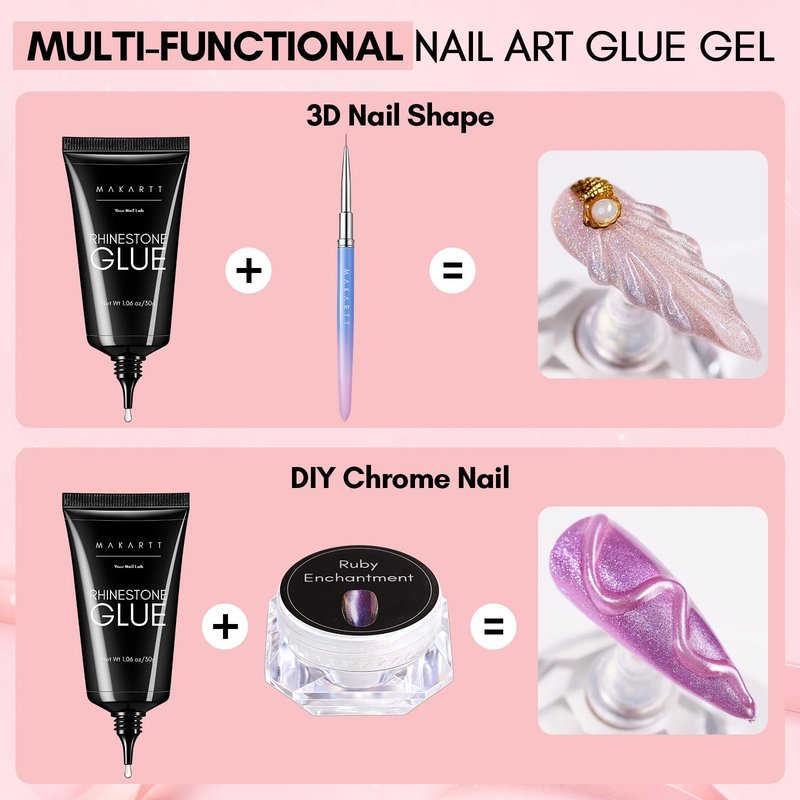 Makartt Nail Rhinestone Glue for Nails- 60ML Super Strong Gel Glue for Rhinestones, 3D Art Charm Decorations Bling Gem Bow Jewels Crystals Beads Diamonds Pearls, Beauty Gift, UV Lamp Need