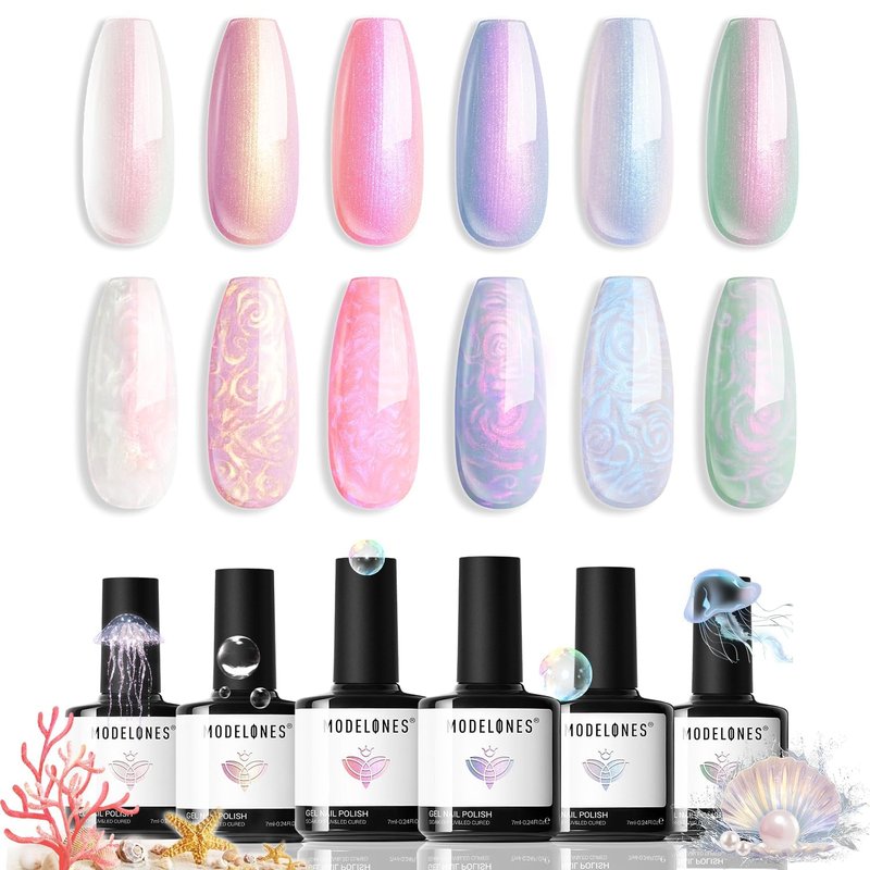 modelones Pearl Gel Nail Polish Set, 6 Colors 2026 Spring Summer Aurora Iridescent Shimmer White Pink Purple Blue Mermaid Nail Glitter Gel Polish LED Swirl Shell Effect with Dotting Pen DIY Gift