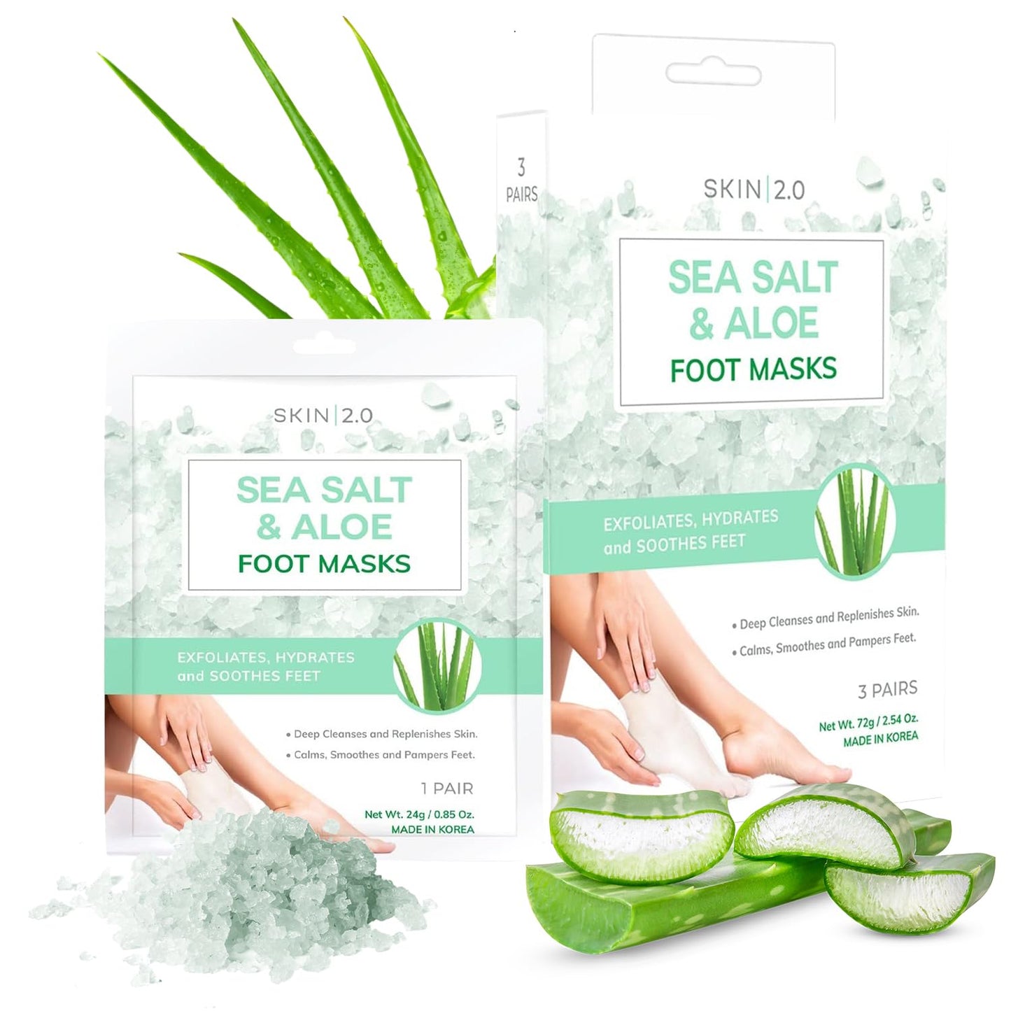 Skin 2.0 Sea Salt & Aloe Foot Masks - Cracked Heel Treatment, Soothing & Hydrating, Exfoliating Foot Mask - Dermatologist Tested Korean Skincare - Clean Beauty, Cruelty-Free, All Skin Types - 3 Pairs