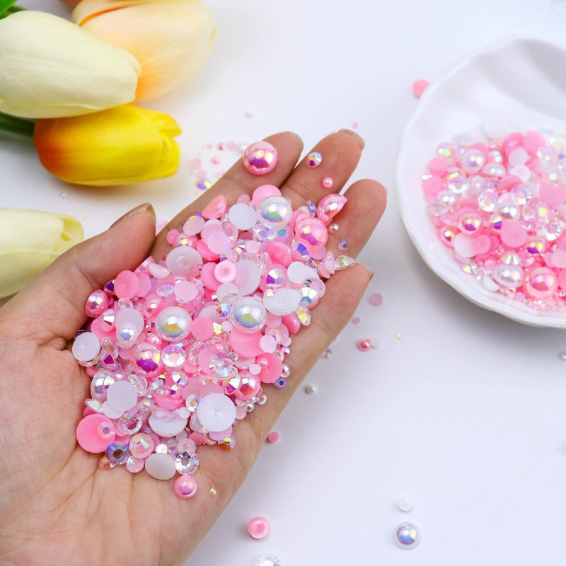 Briskbloom 60g Flatback Pearls and Rhinestones for Crafts, 3620PCS 2mm-10mm Mix for Nails Face Art Tumblers, with Tweezers Wax Pen, White|Pinks