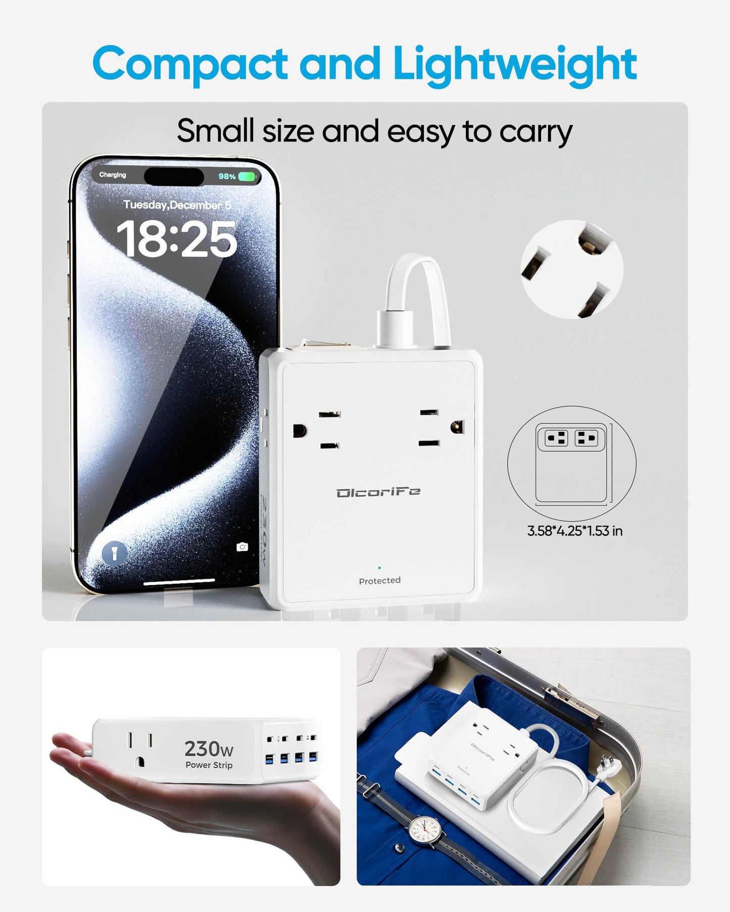 Olcorife 230W USB Power Strip with 5 FT Extension Cord, 4 AC Outlets 8 USB Ports(4 USB-C&4 USB A), 3 Sided Outlet Extender for Home Office Travel Dorm Room Essentials, White