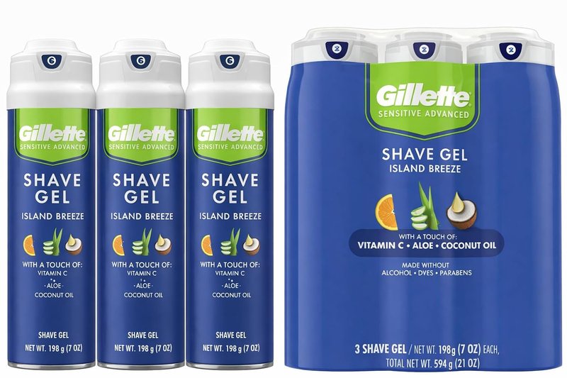 Gillette Sensitive Plus Island Breeze - Alcohol-Free Shaving Gel with Aloe & Vitamin C | 3 Pack