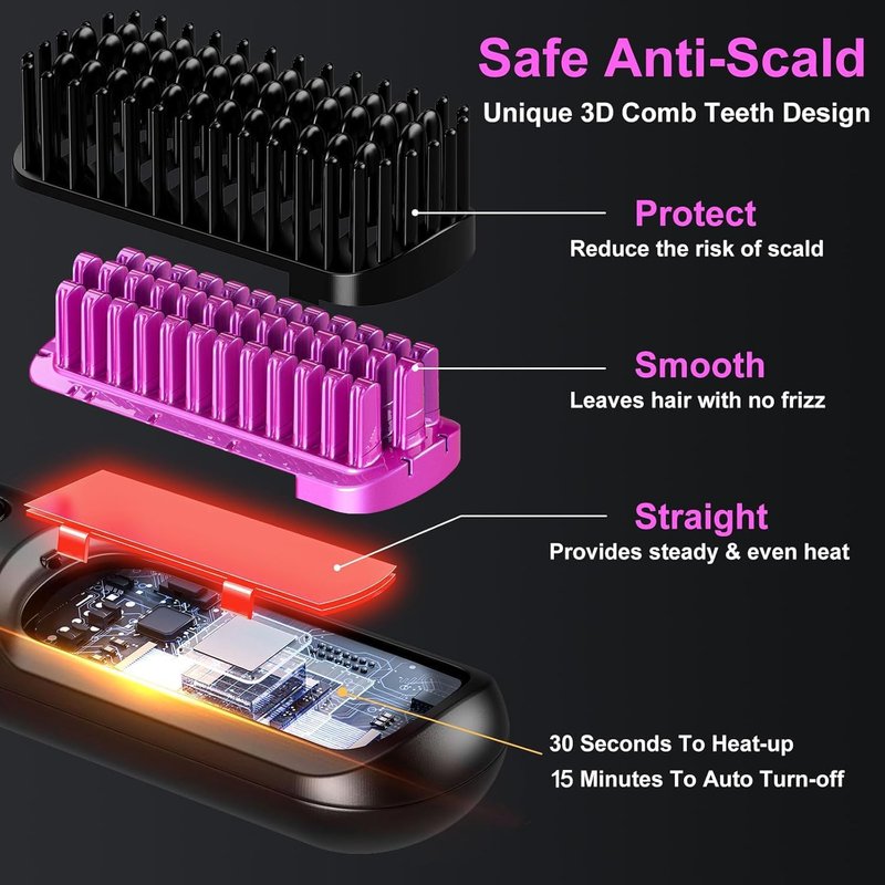 Go Brush Pro Cordless Hair Straightener Brush - Portable Rechargeable Ceramic Styling Brush with 4 Adjustable Heat Modes & LED Display, Perfect for Travel & Everyday Use (Black)