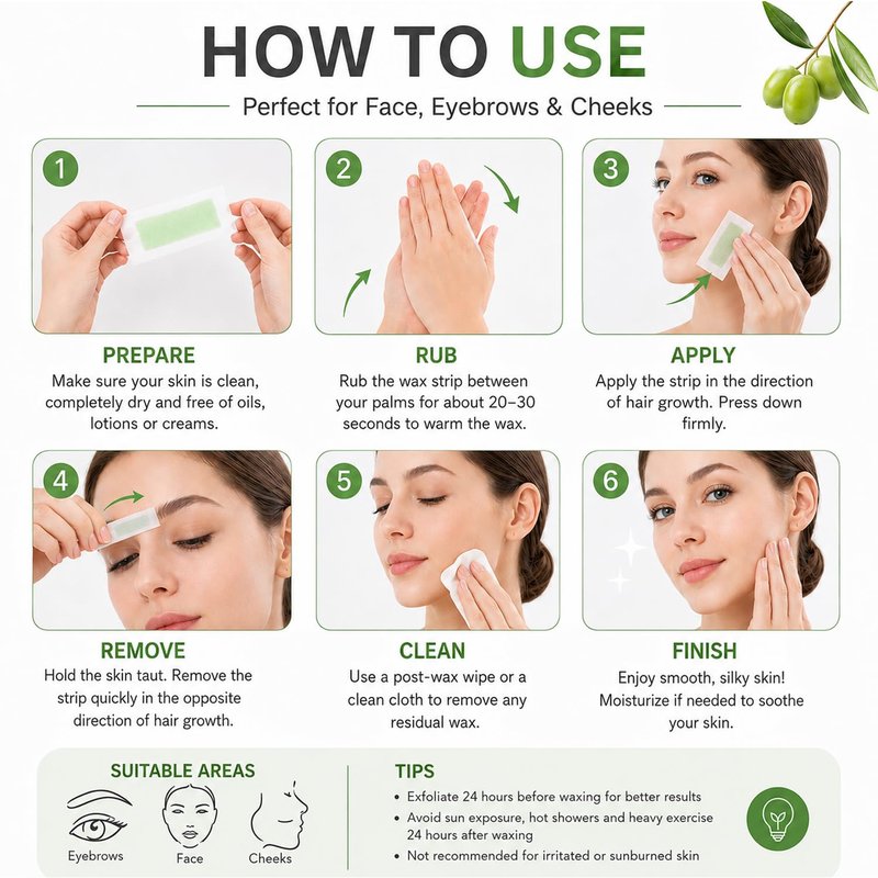 Facial Wax Strips for Women | 98% Natural Cold Wax for Gentle Hair Removal - 40 Strips + 4 Wipes