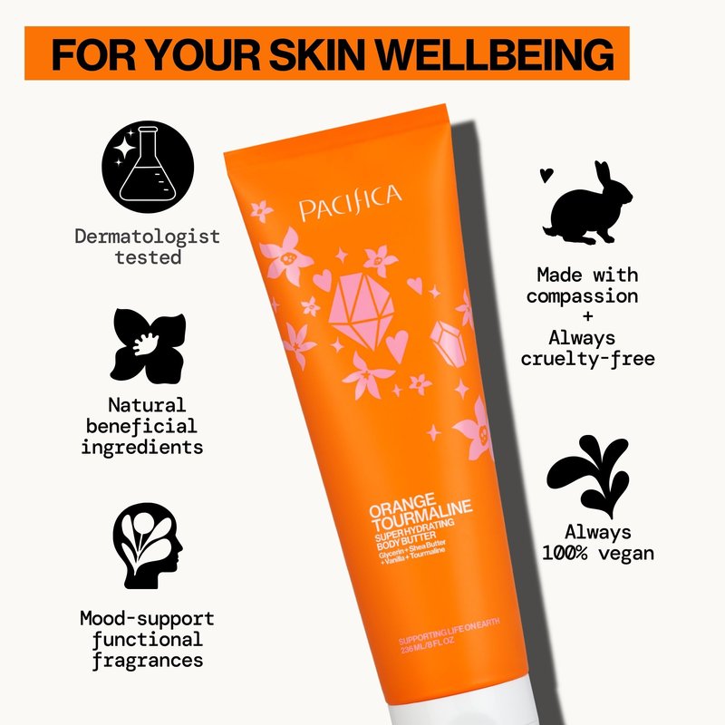 Pacifica Orange Tourmaline Body Butter – Super Hydrating Moisturizer for Dry Skin, Ultra-Rich Cream with Shea Butter & Vitamin E, Clean Beauty, Vegan, Cruelty-Free, Citrus Scent, 6 oz