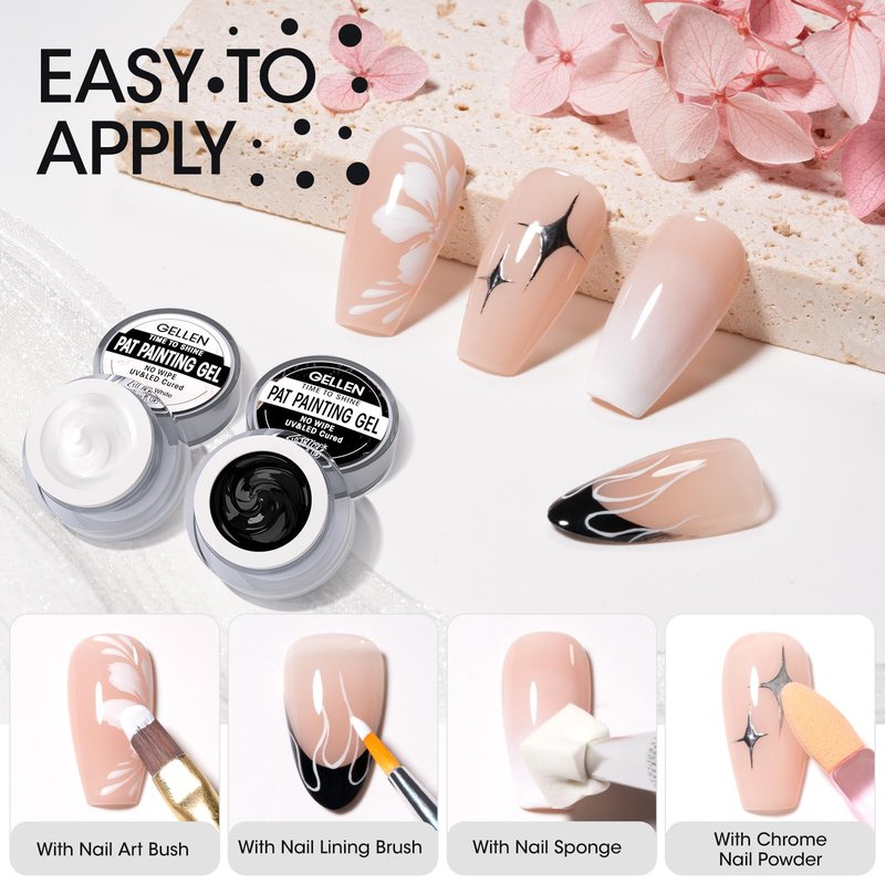 GELLEN Nail Painting Gel 2Pcs 8G Black & White No Wipe Pat Painting Nail Gel for Drawing Striper Liner Floral Painting Gel Polish Nail Art for Salon Home DIY Manicure, UV/LED Curing Required