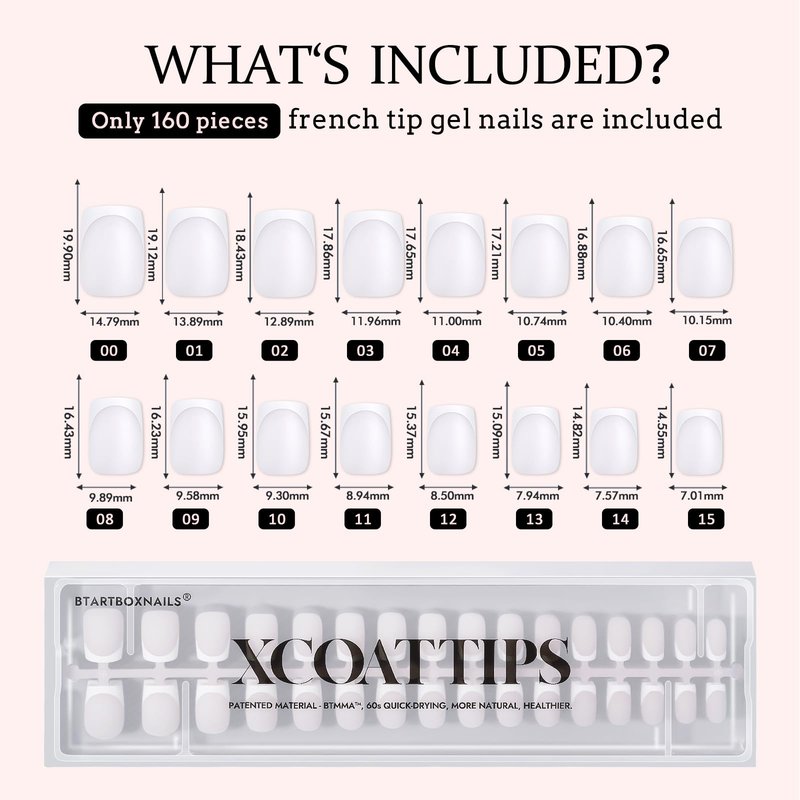 BTArtboxnails XCOATTIPS French Tip Nails - White Press On Nails Short, 160 Pcs Milky White Square Soft Gel Nail Tips, Soak Off False Nail Extensions For Gift