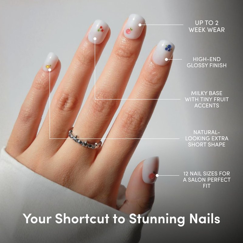 Glamnetic Press On Nails - White Extra Short 3D Fruit Design | Salon Quality Summer Nails | 12 Sizes - 30 Nail Kit with Glue