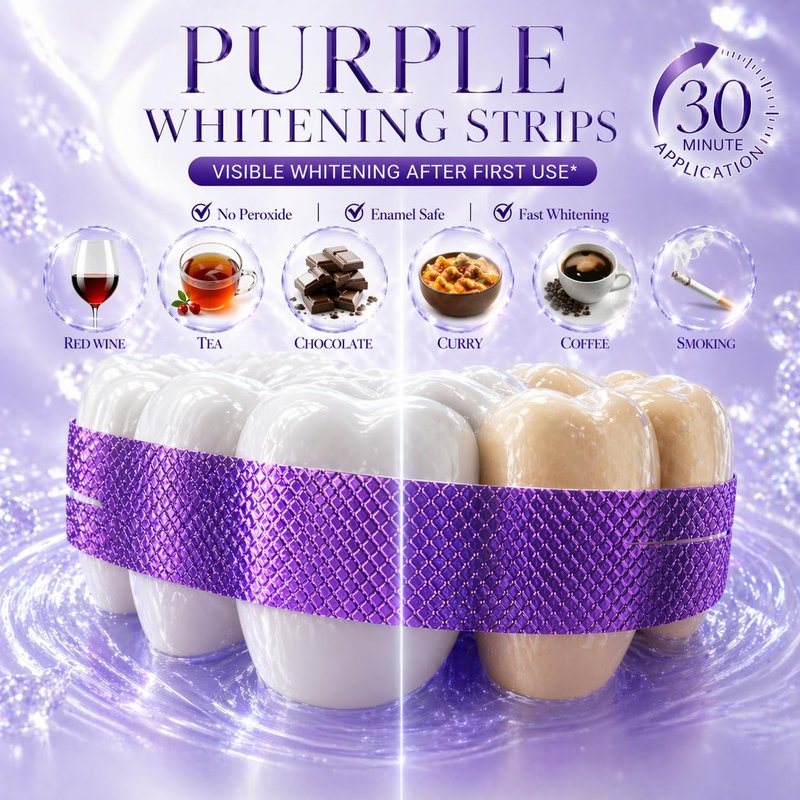 Purple Teeth Whitening Strips, Enamel Safe for Sensitive Teeth, Removes Yellow Stains & Bad Breath, Non-Slip Dry Strip Technology, Mint Flavor for a Brighter Smile (28 Strips)